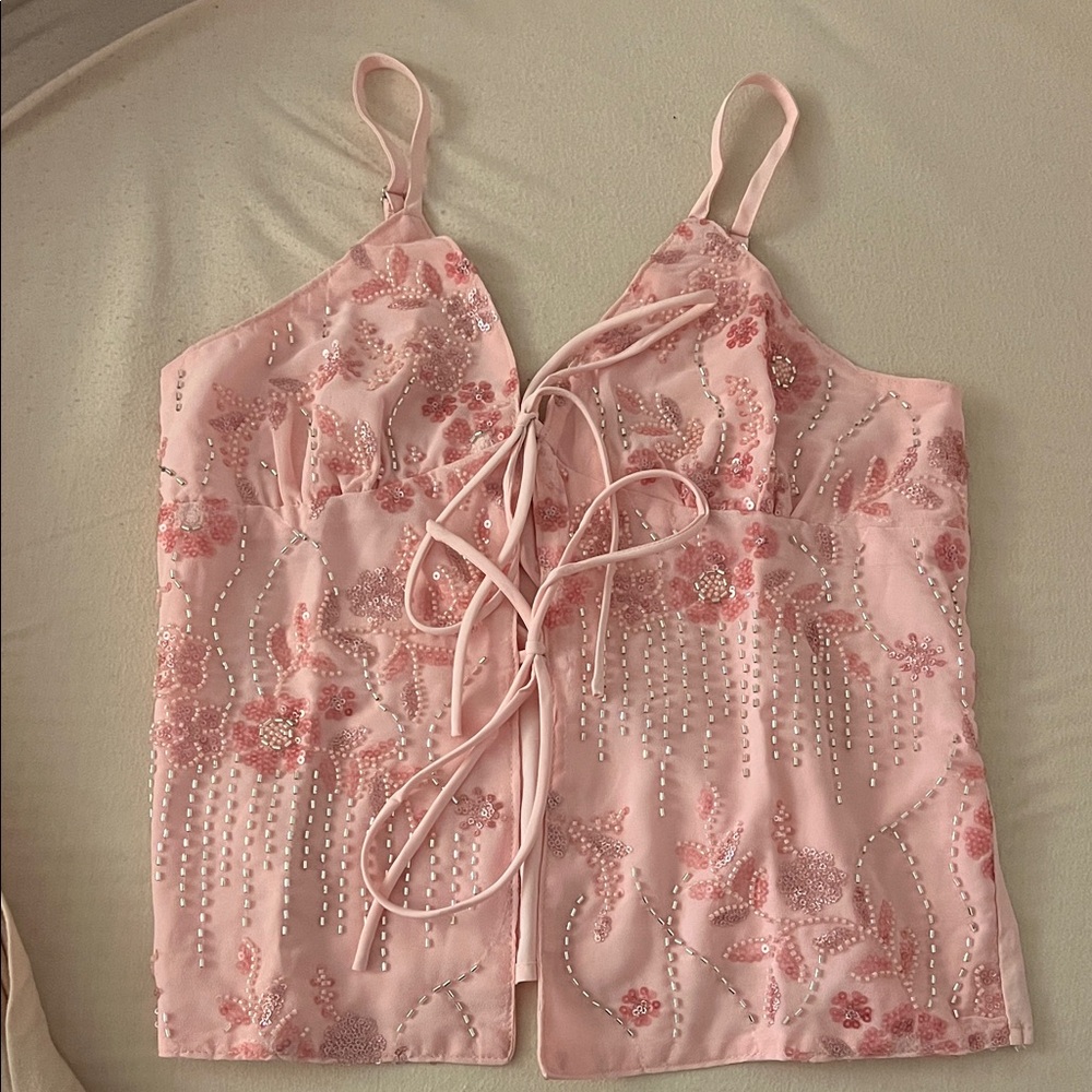 Embellished Pink Lace-Up Cami Top